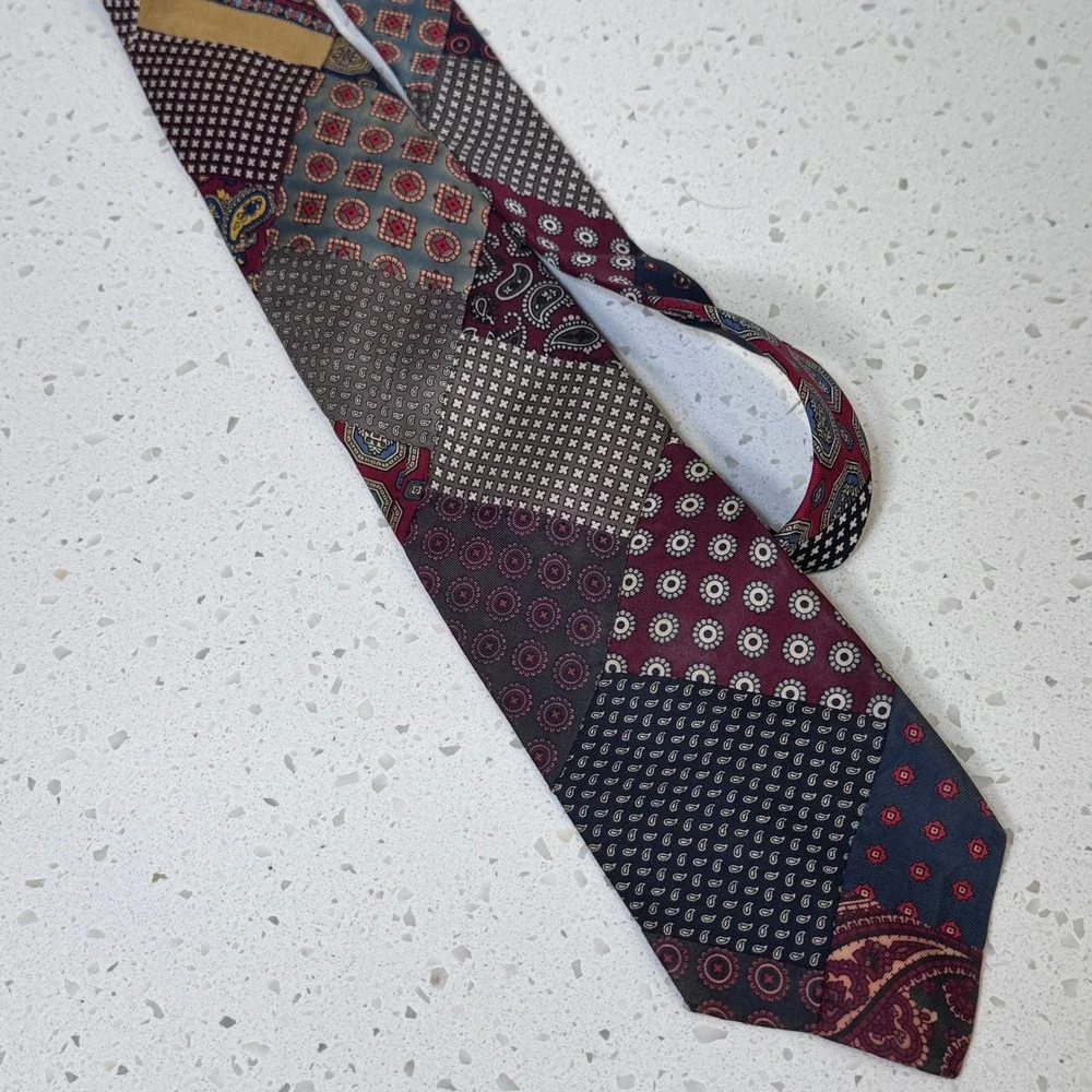 Briar Pride of England Patchwork Silk Tie Paisley Foulard Burgundy Navy Vintage